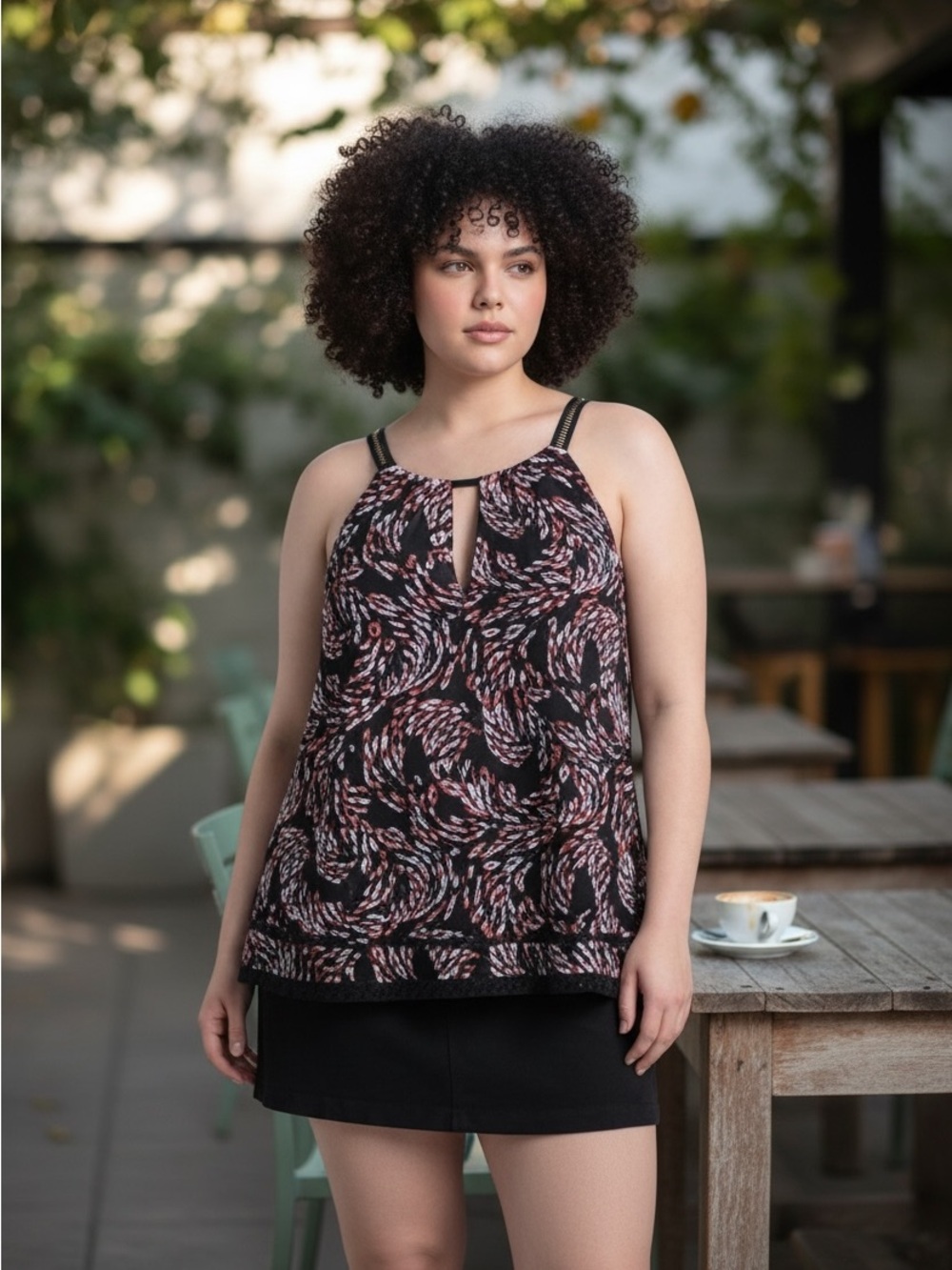 White House Black Market Black Halter Tank with Multicolor Abstract Print
